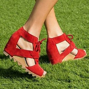 SOREL Women's Joanie II Lace Wedge Sandal in Bright Red